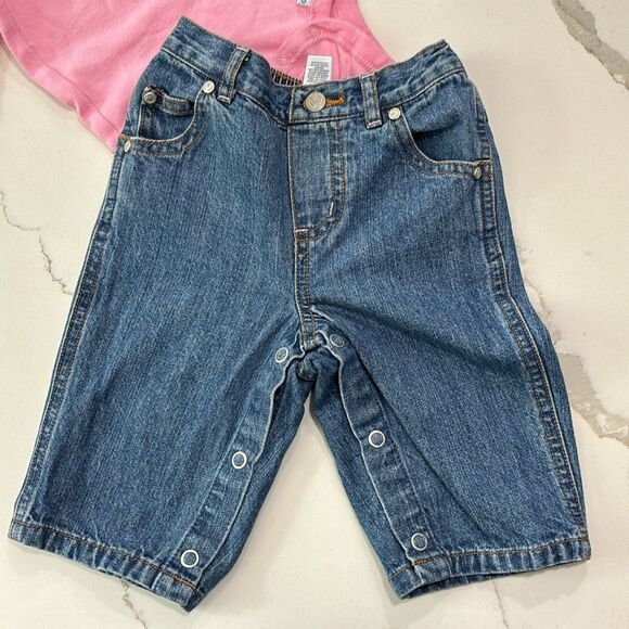VTG Carter’s | Baby Girls Embroidered Denim Blue Jeans Pink Long Sleeve T Shirt - Picture 7 of 16